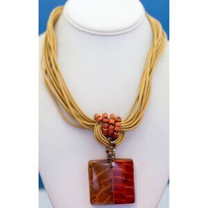 18 inch, Vintage Plastic & Cord Unique Square Pendant Orange Beads Necklace - D4
